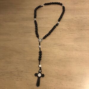 Black Beaded Rosary Necklace
